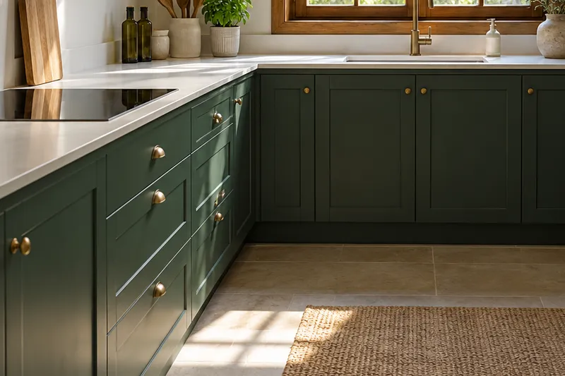 Visualización conceptual IA de cocina: Cocinas de Diego Valdés. Detalle de materiales y distribución.