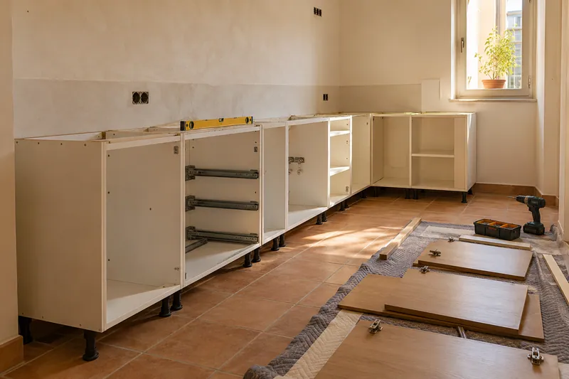 Visualización conceptual IA: Módulos de cocina en montaje con puertas pendientes de colocar.