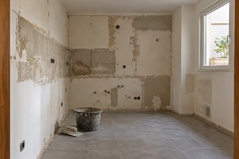 Visualización conceptual IA: Cocina sin muebles con paredes en preparación y zonas de enlucido.